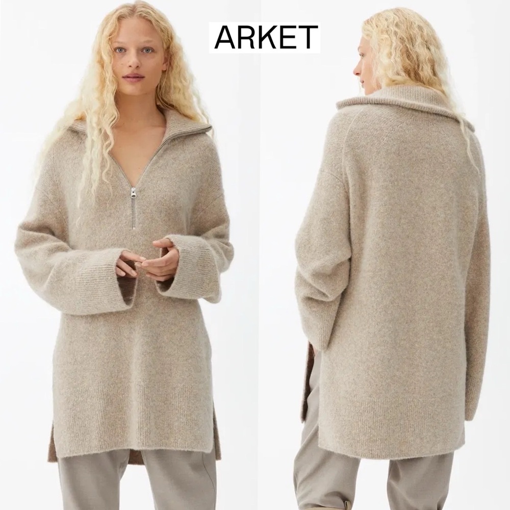 ARKET Half Zip Alpaca Yak Wool Blend Jumper Sweater Oatmeal M Oversized Long